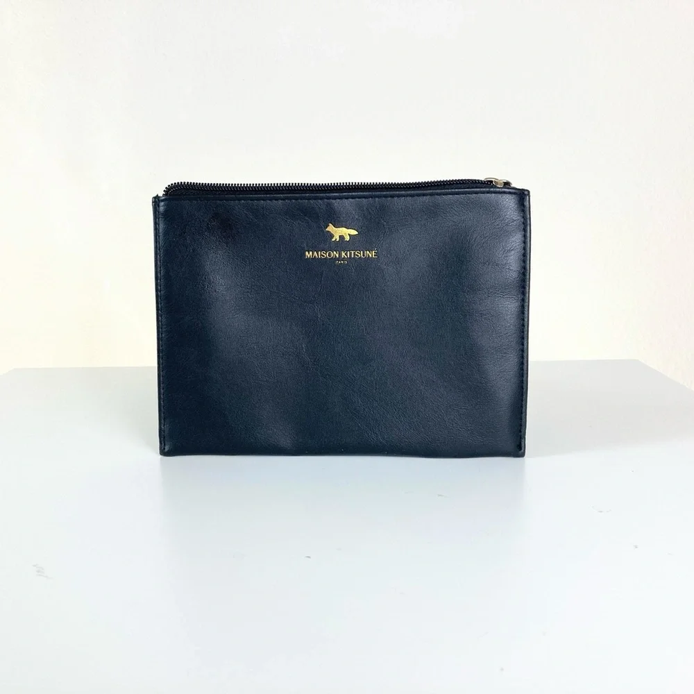 MAISON KITSUNÉ Black Leather Zip Cosmetic Pouch with Gold Logo